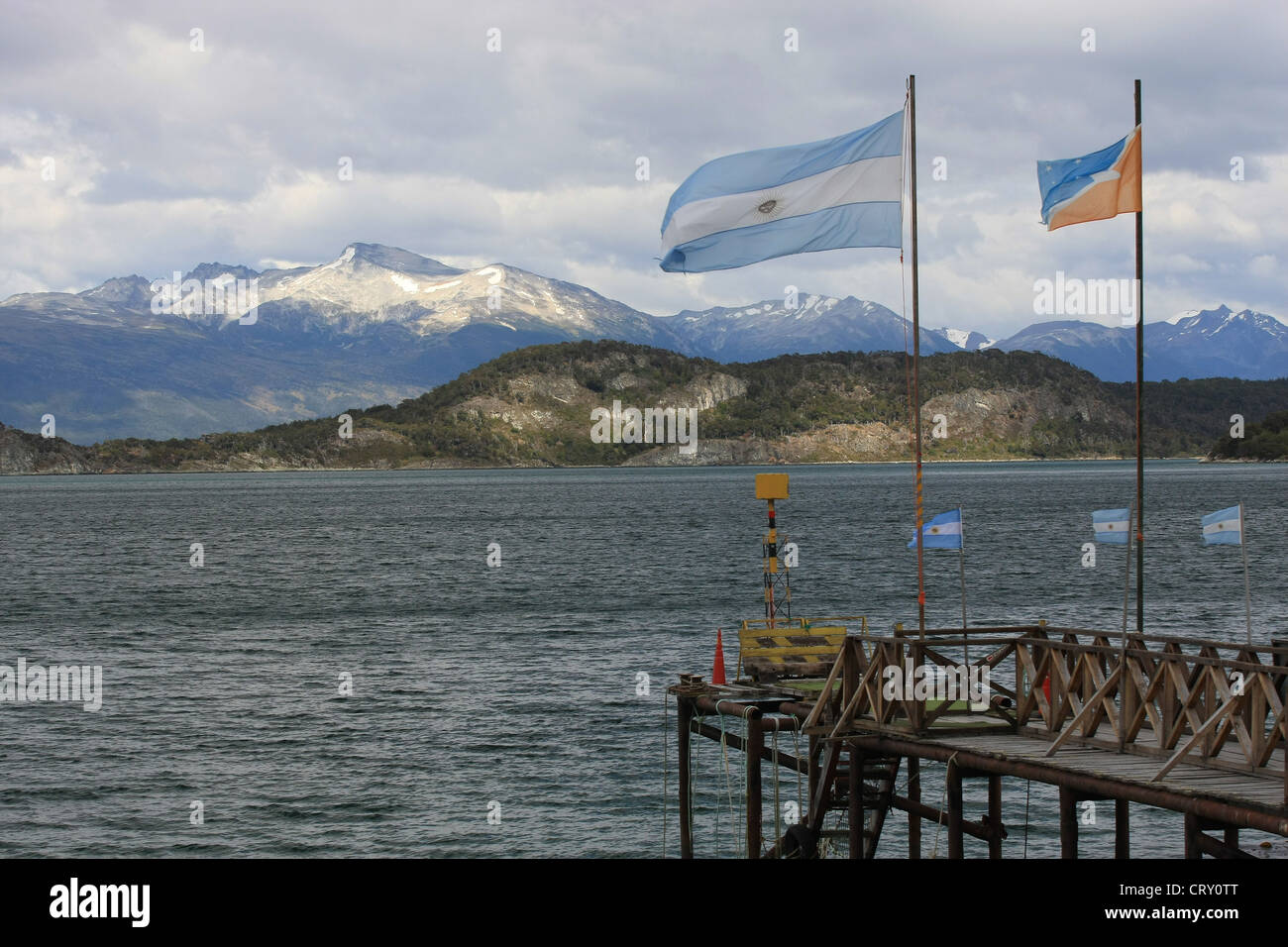 Argentinian flags at Puerto Guarani along the northern shores of Beagle Channel, west of Ushuaia, Tierra del Fuego, Argentina Stock Photo