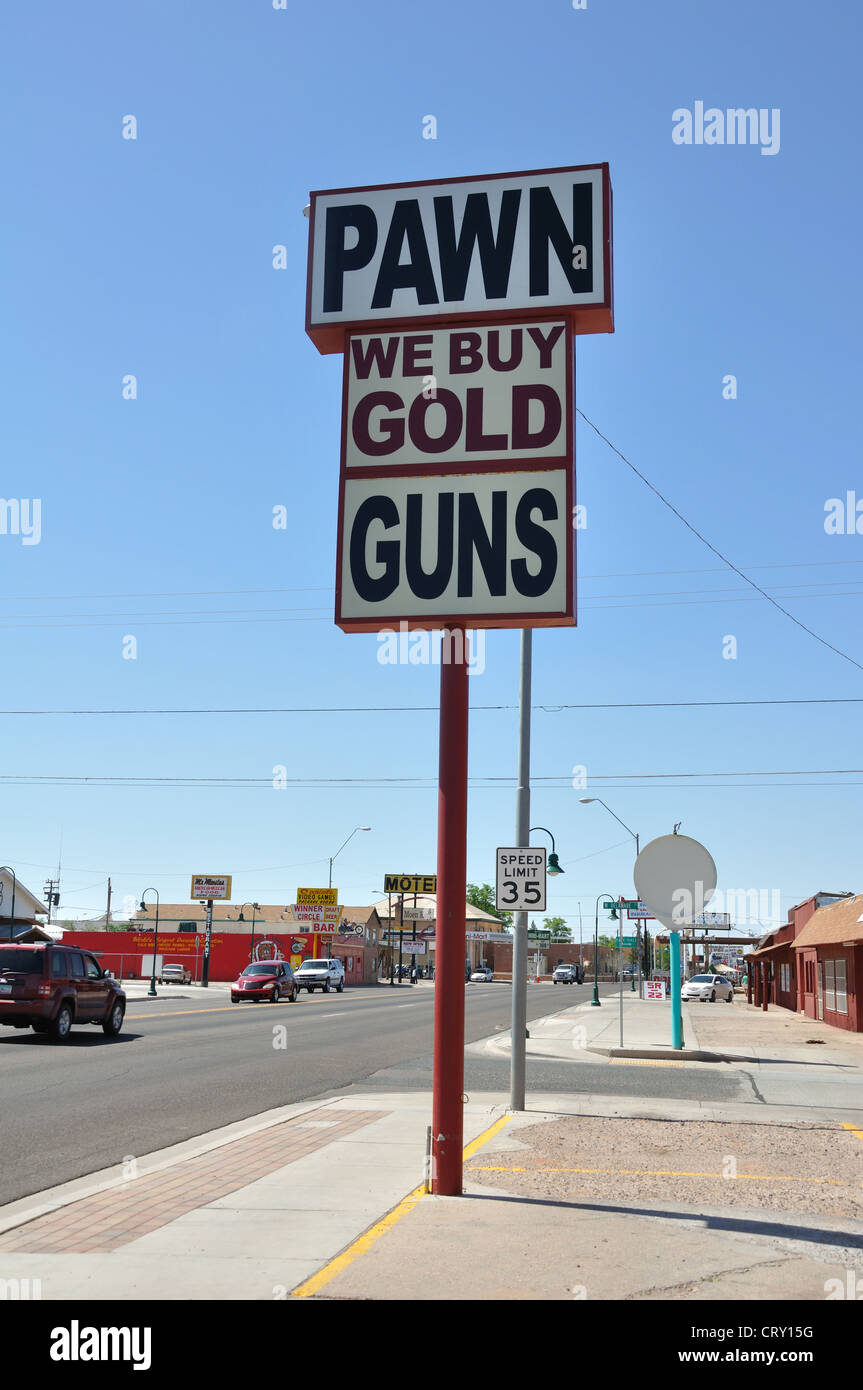 Pawn shop sign in rural town in Arizona, USA Stock Photo