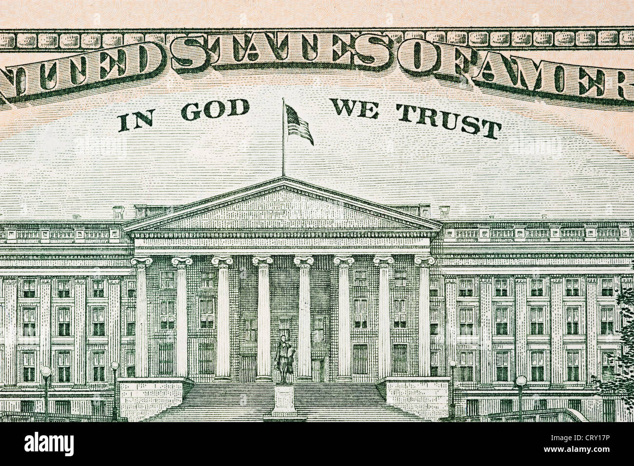 Close up of the back of an American ten dollar bill with the Capitol building as part of its watermark. Stock Photo