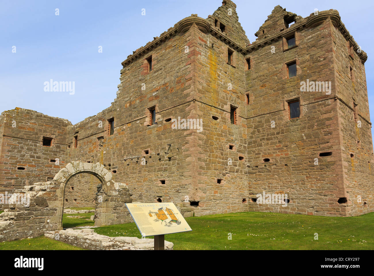 Ruins of 16th century Noltland Castle with tourist information board at Pierowall, Westray Island Orkney Islands Scotland UK Stock Photo