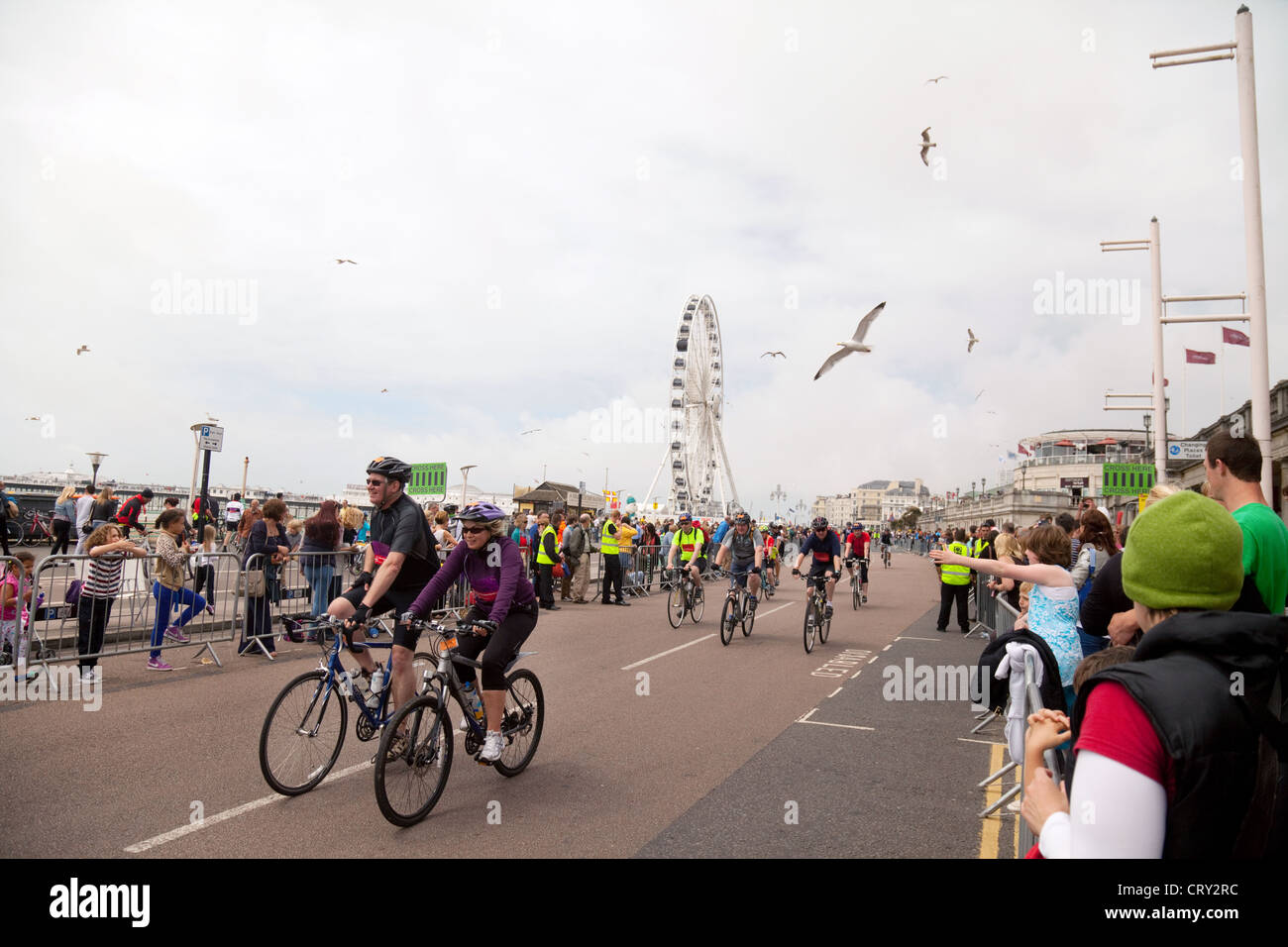 The finish of the London to Brighton Charity Cycle ride for the BHF at Brighton, Sussex UK Stock Photo