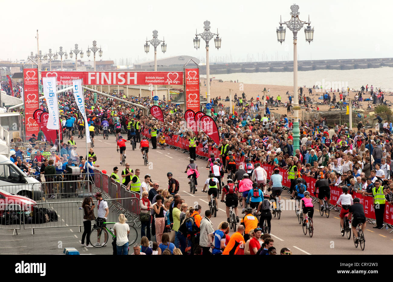 The finish of the London to Brighton Charity Cycle ride for the BHF at Brighton, Sussex UK Stock Photo