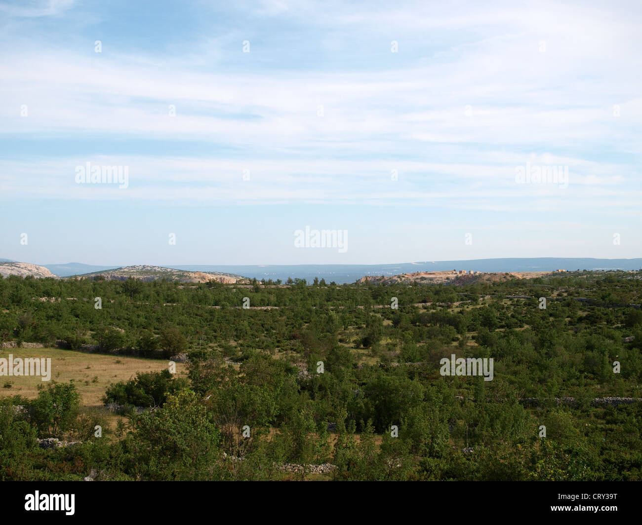 Scenery on top of a Mediterranean island with bright blue sky Stock Photo