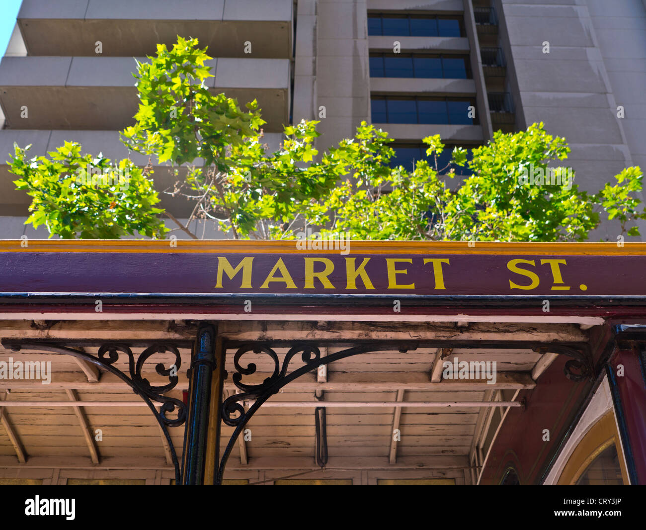 Close view old sign writing on cable car destination board 'Market Street' San Francisco California USA Stock Photo
