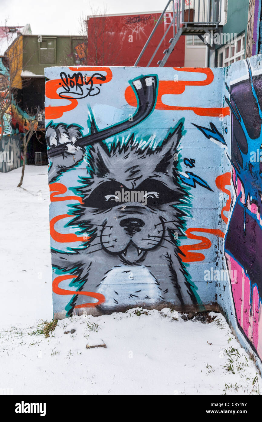 Urban graffiti in Reykjavik, Iceland in winter - wall painting of a masked dog or wolf against a blue background Stock Photo
