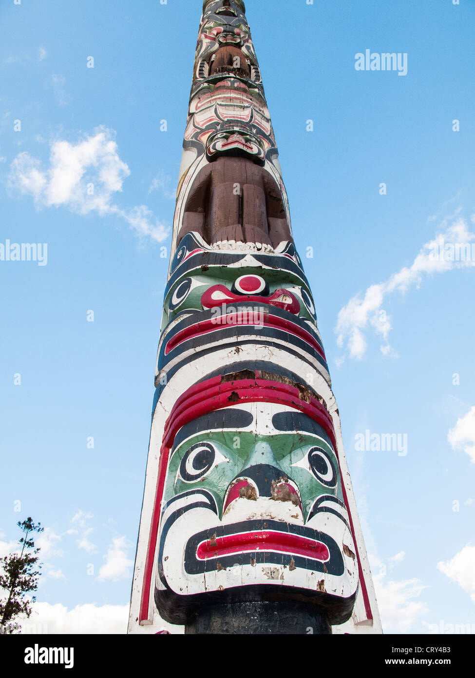 Totem pole from Vancouver Island, Canada, now at Virginia Water, Surrey, England UK Stock Photo