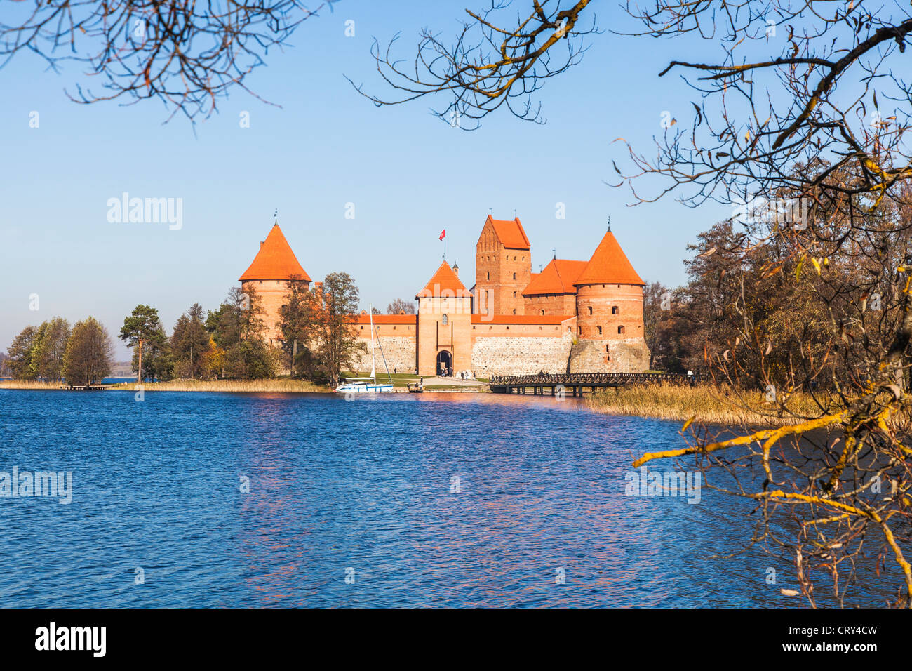 Trakai Island Castle in Lake Galve, Lithuania with a clear blue sky in autumn Stock Photo