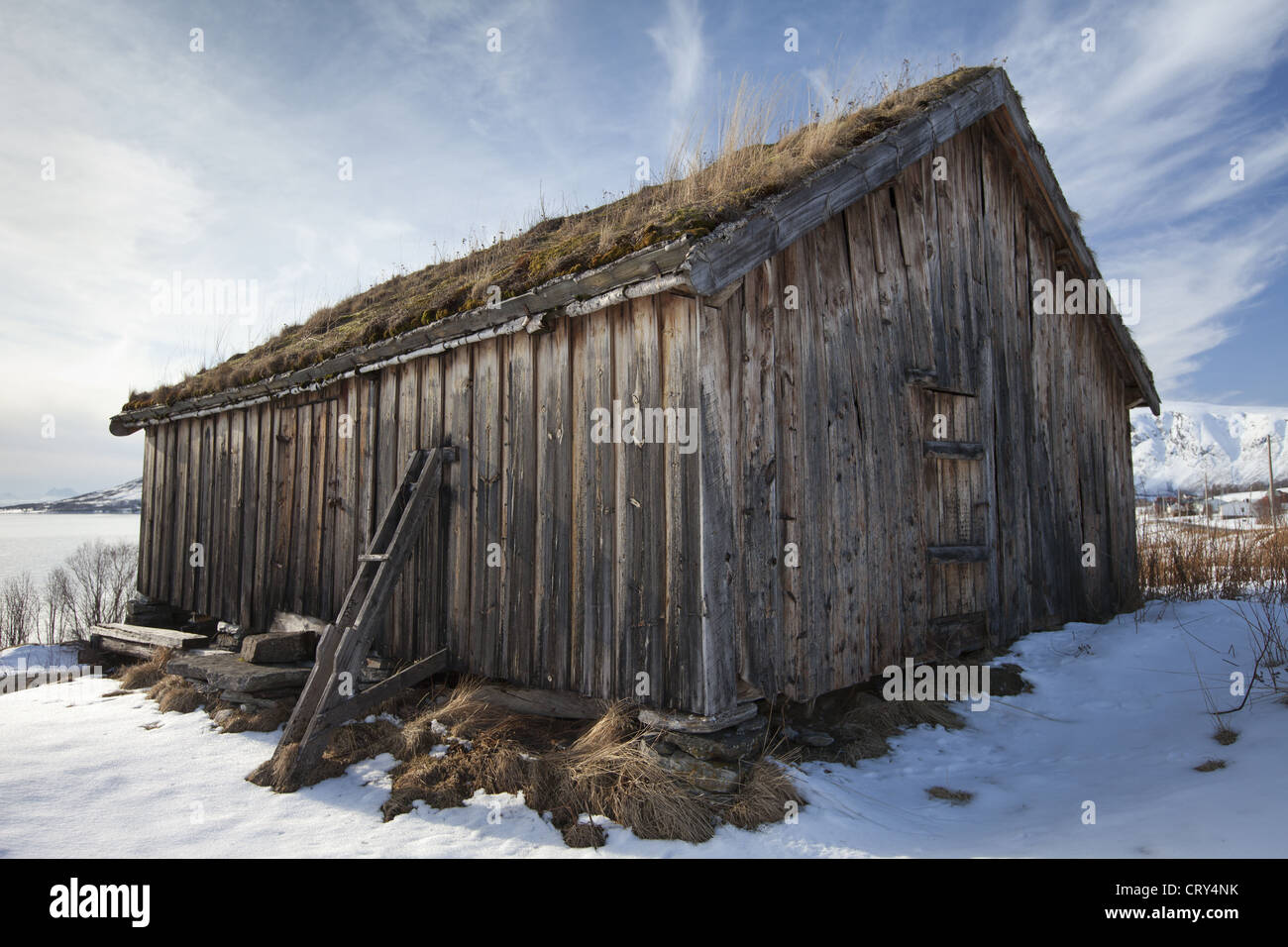 Straumengard Museum in log cabin at Straumsfjord on Kvaloya Island near Tromso in Arctic Circle Northern Norway Stock Photo