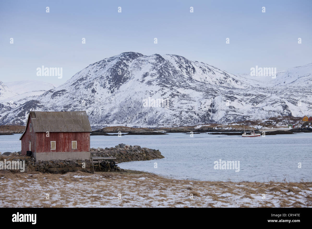 Fishing hut at Sommeroy, Kvaloya Island in Arctic Circle Northern Norway Stock Photo