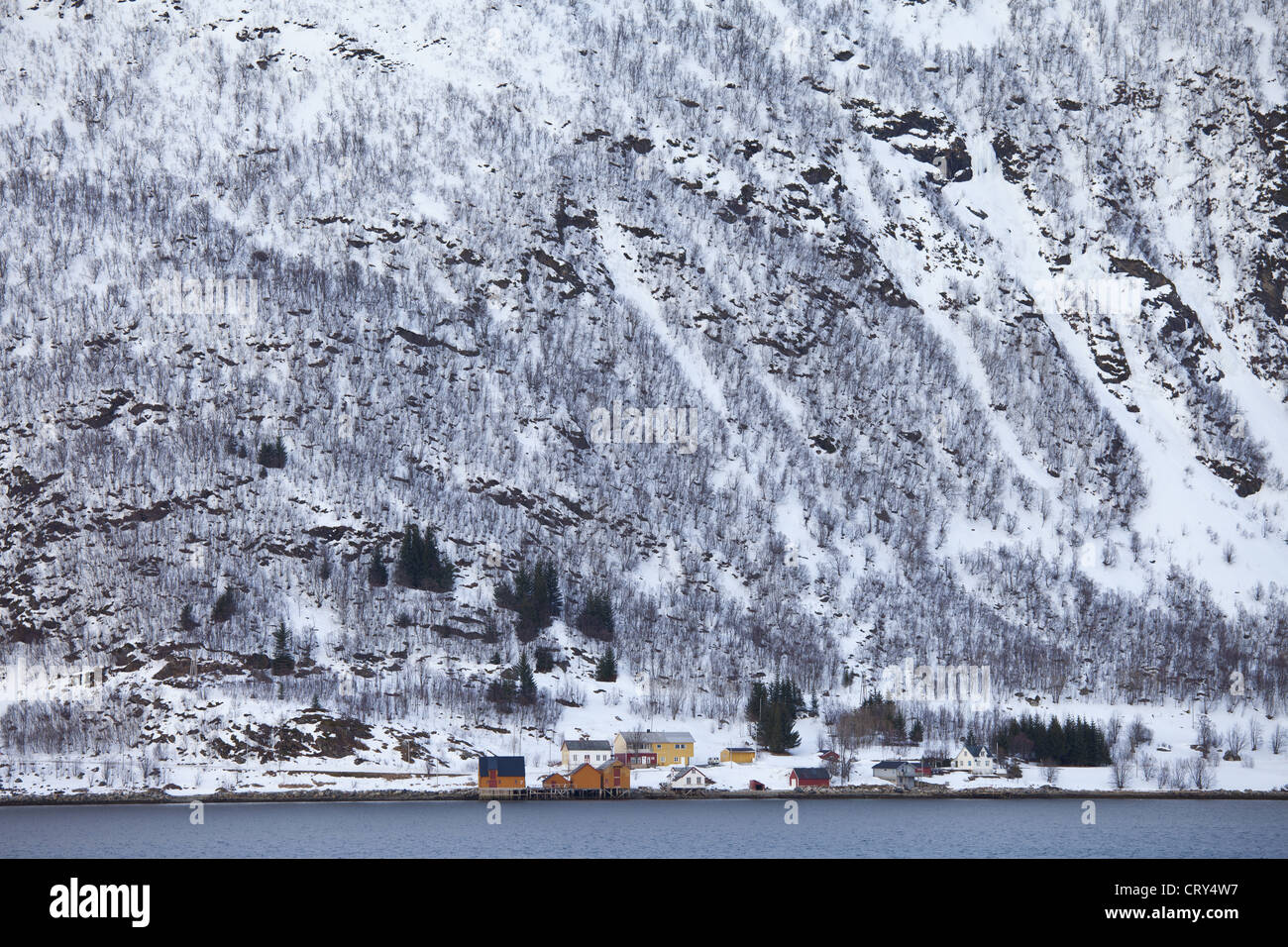 Homes and fishing huts in hamlet across fjord from Sandneshamnvegen 862 on Kvaloya Island, Tromso, Arctic Circle Northern Norway Stock Photo