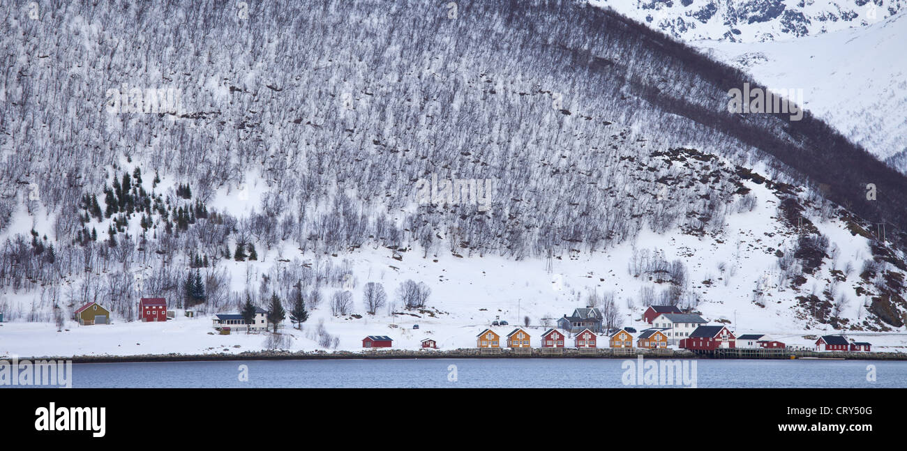 Homes and fishing huts in hamlet across fjord from Sandneshamnvegen 862 on Kvaloya Island, Tromso, Arctic Circle Northern Norway Stock Photo