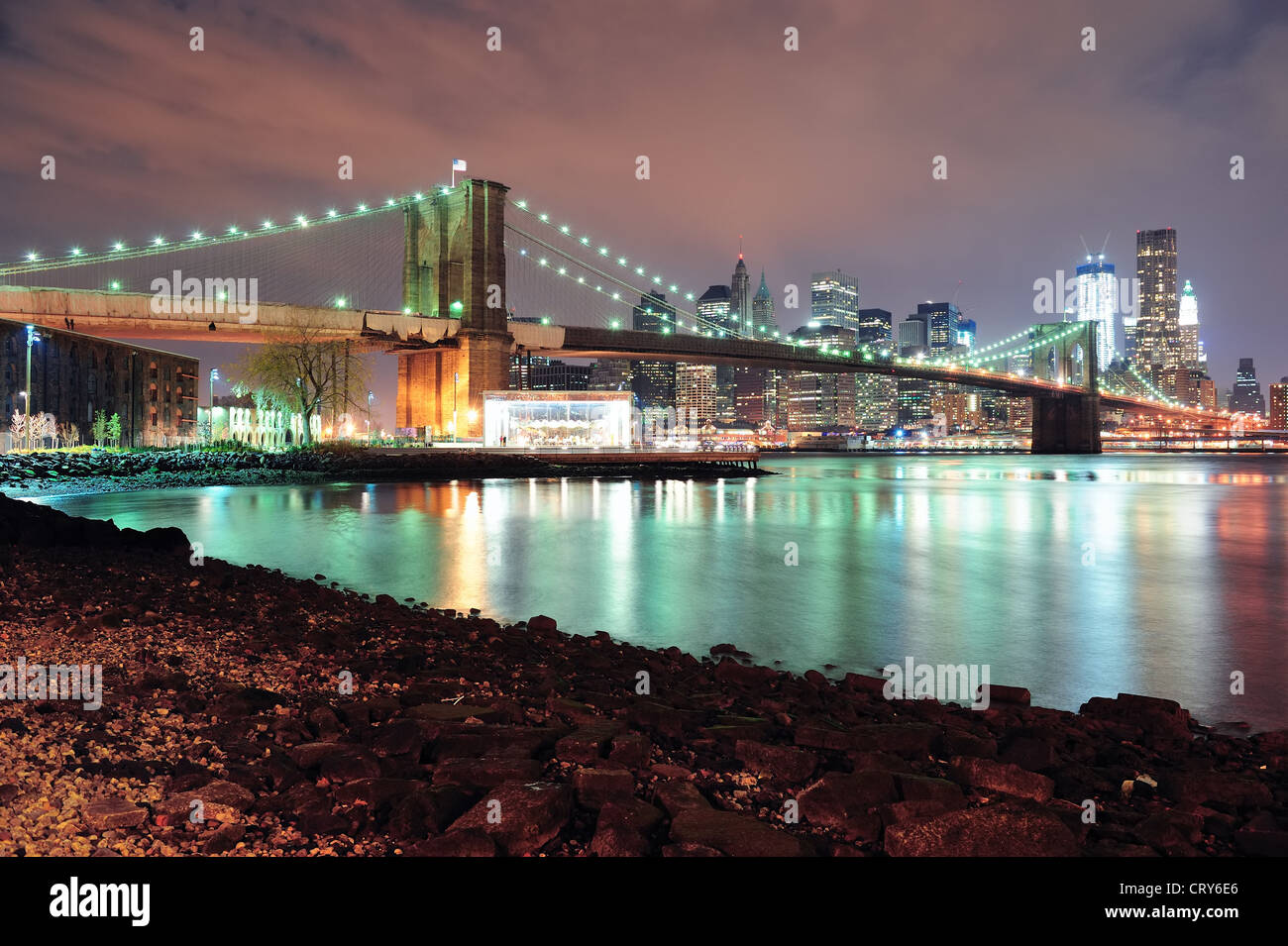 New York City Brooklyn Bridge with downtown skyline over East River ...