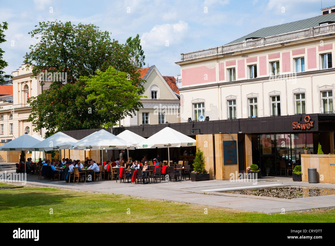 Skewer restaurant terrace along Krakowskie Przedmiescie street Srodmiescie central Warsaw Poland Europe Stock Photo