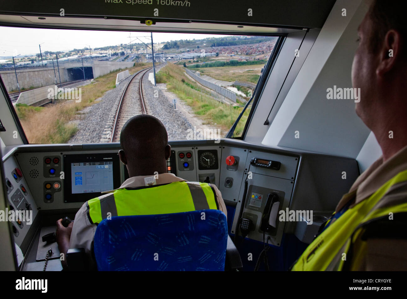 View through the cockpit of the Gautrain showing a trainee driver