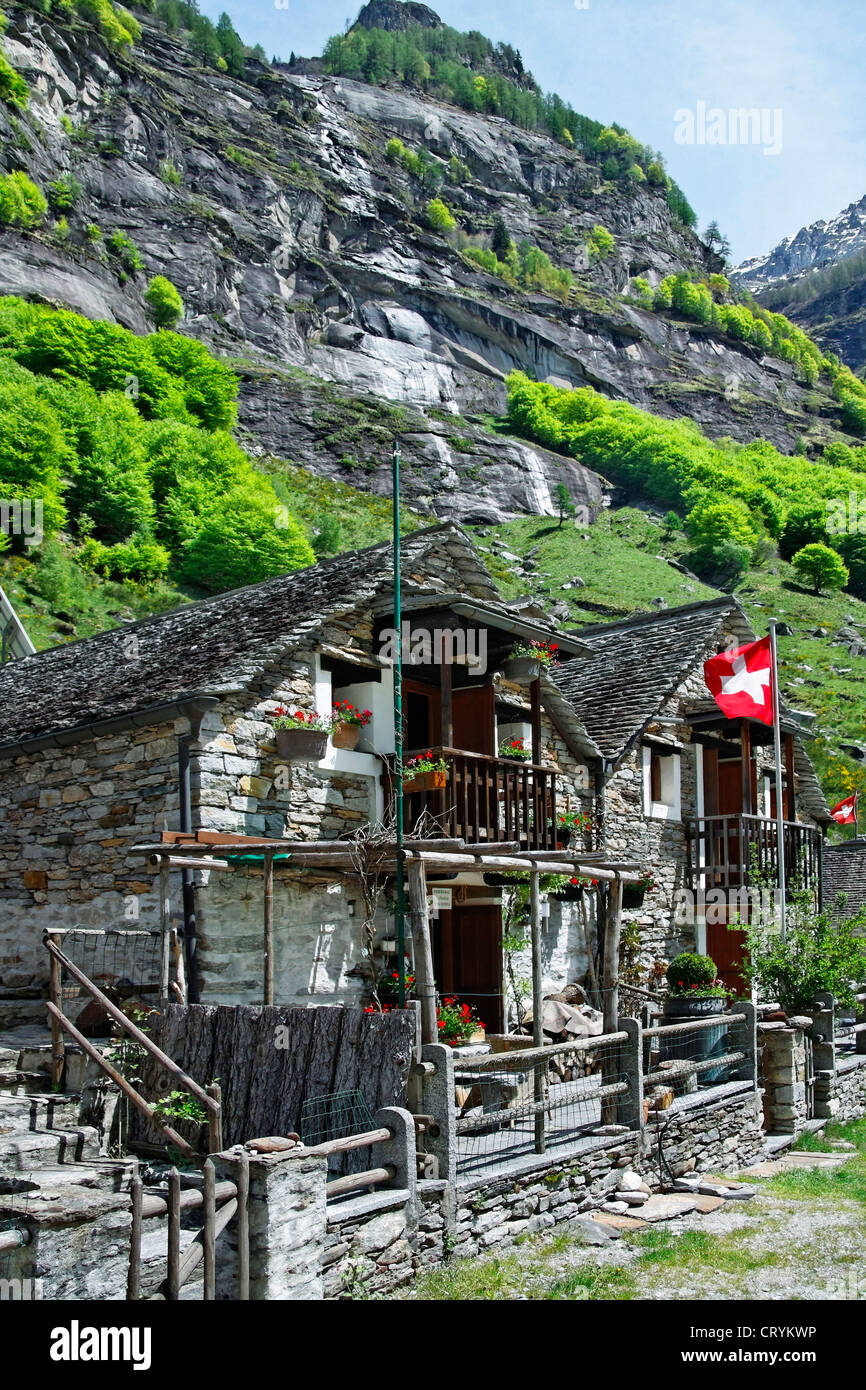 settlement of traditional rustici stone houses of cabioi - vegornesso valley - canton of ticino - switzerland Stock Photo