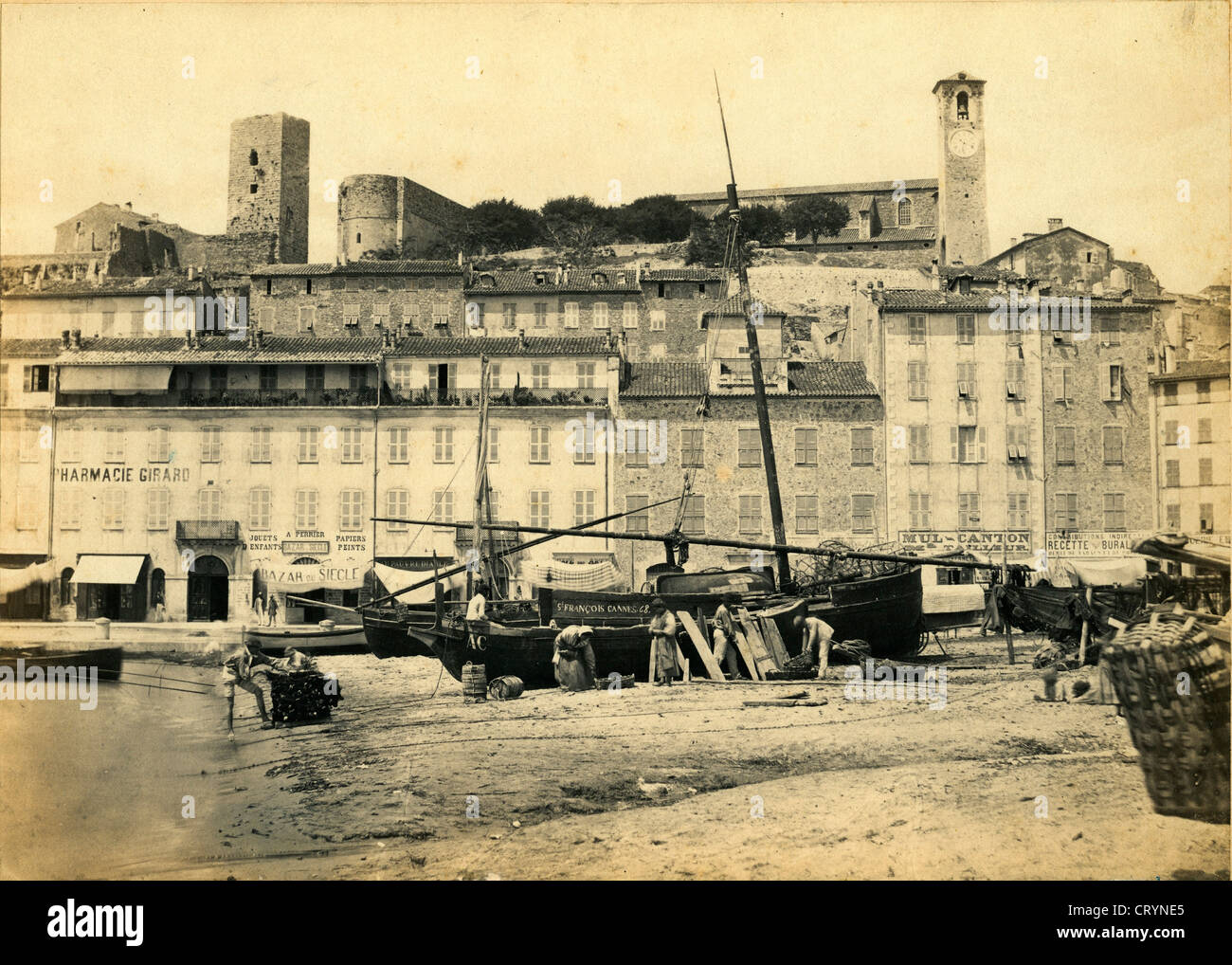 Bateaux de Peche et les Tours du Suquet, Cannes, ca 1860, by Charles Negre Stock Photo