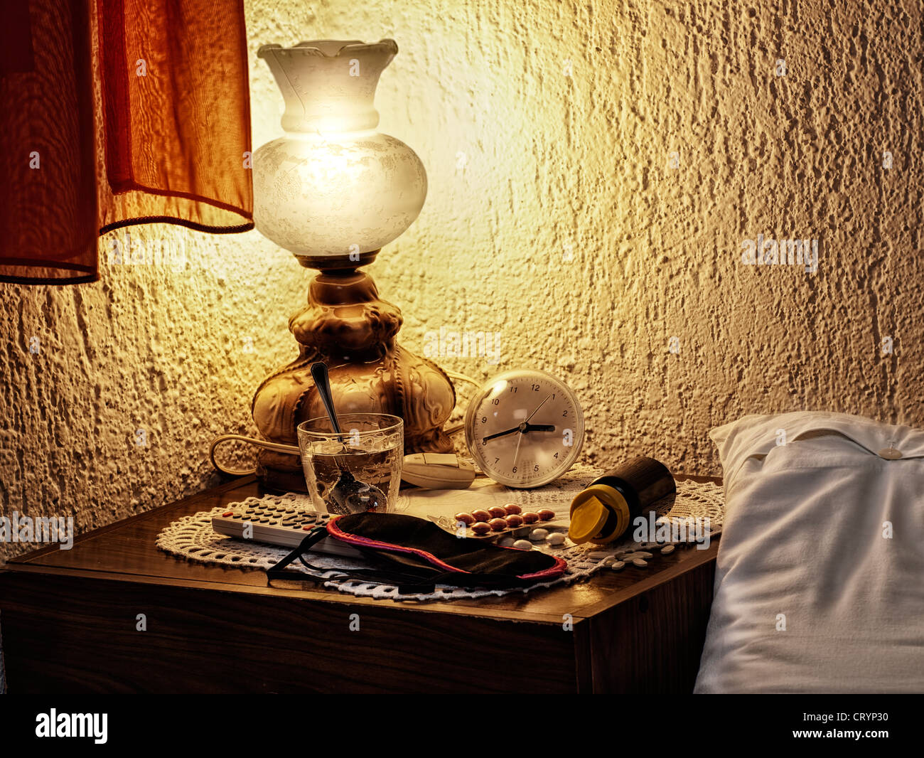 Accessories on the bedside table for typical sleepless nights Stock