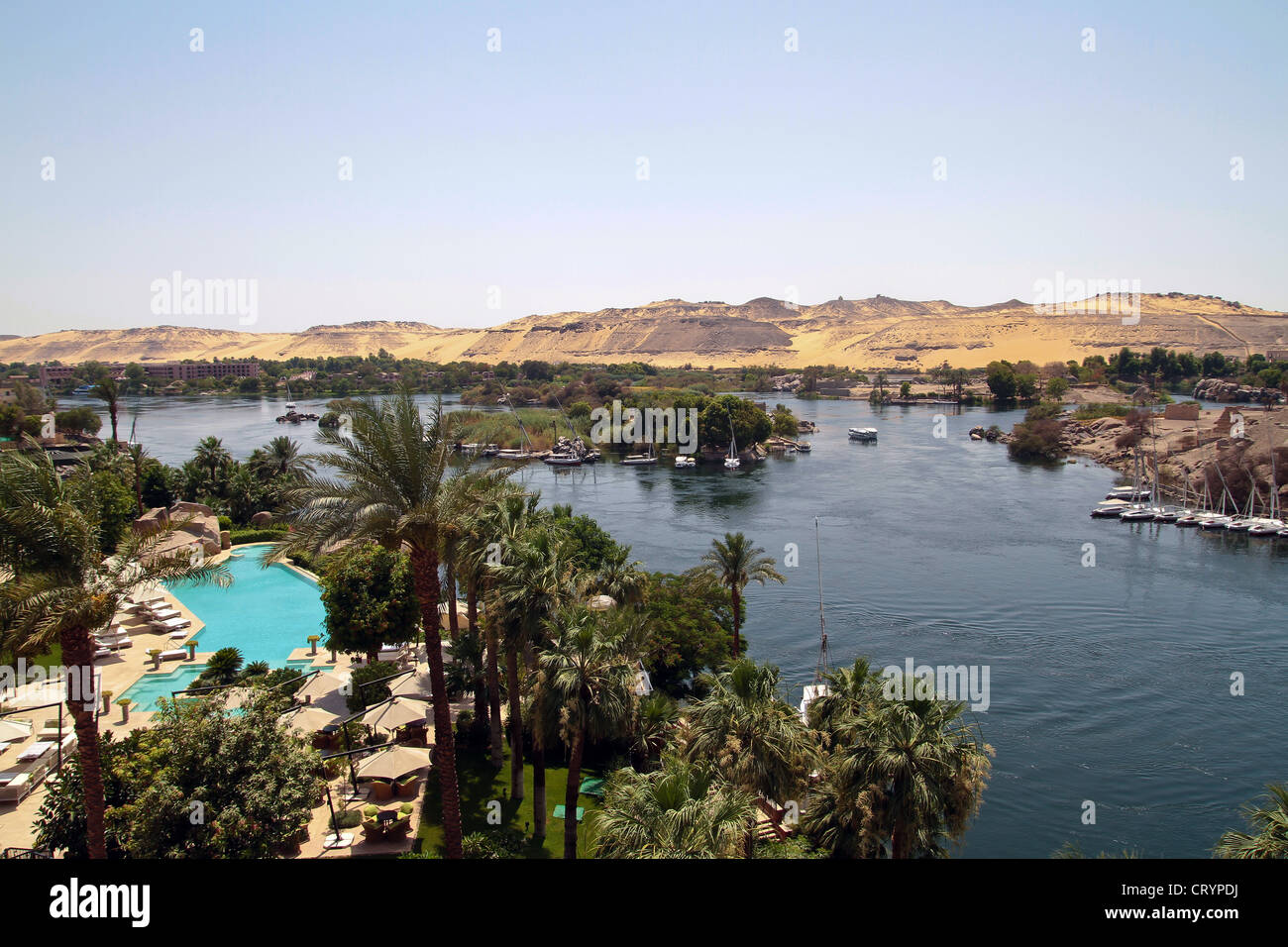 View of the River Nile from the Old Cataract Hotel in Aswan Egypt Stock Photo
