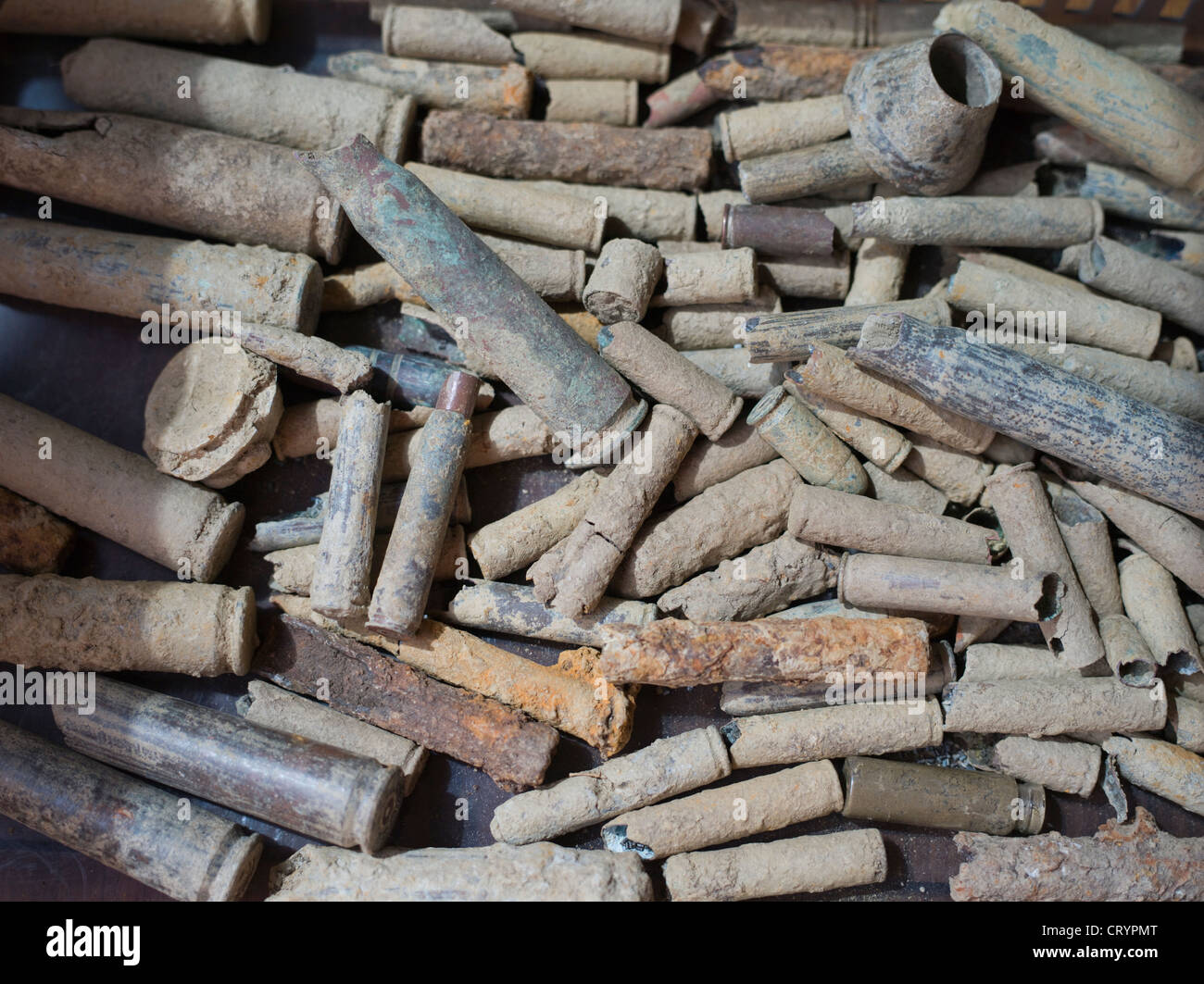 Rusting and corroding bullets from WWII that are found during construction in Okinawa Stock Photo