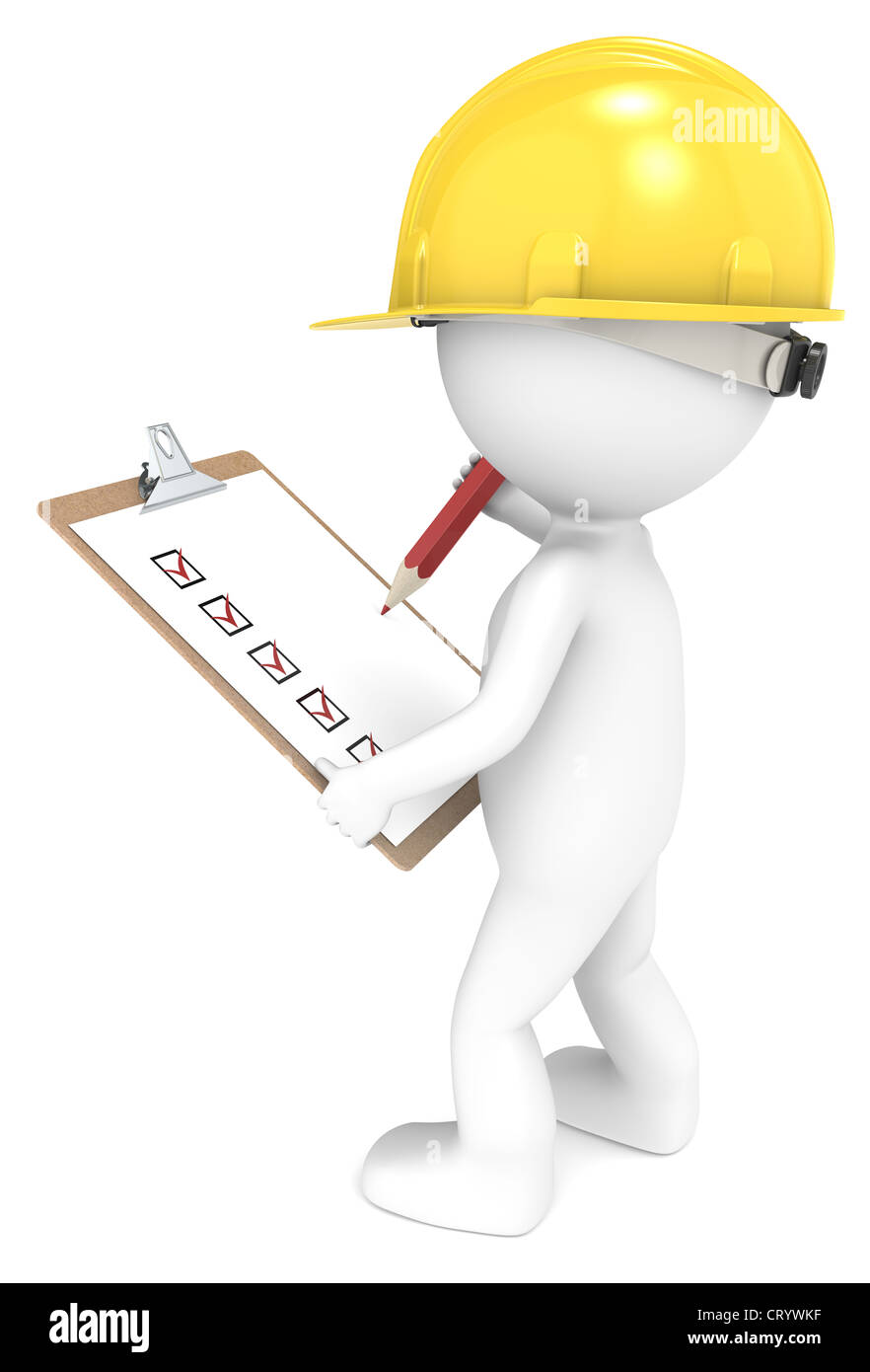 3D little human character The Builder with a clipboard. Back view. People series. Stock Photo