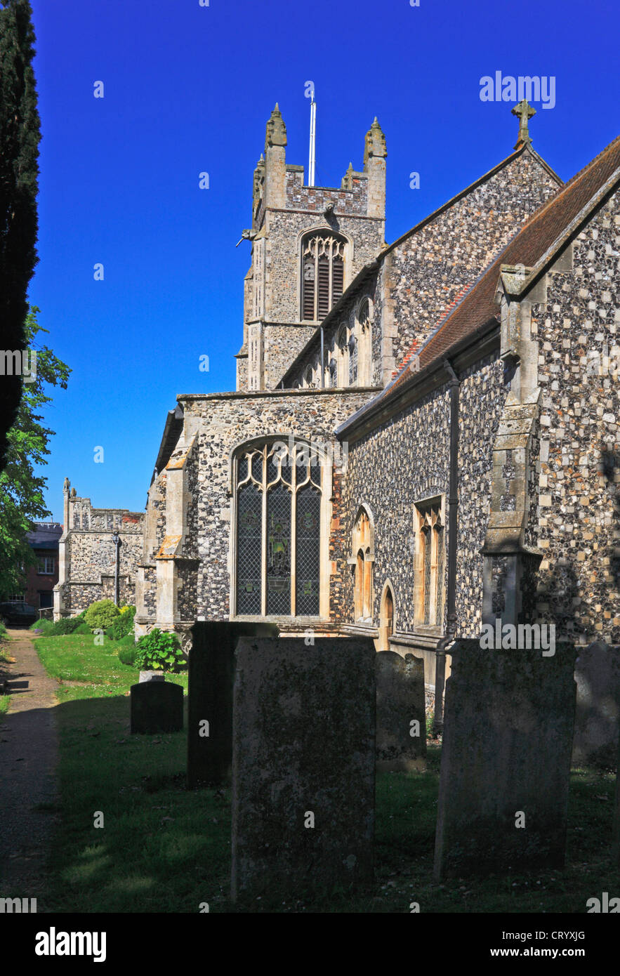 A view of the parish Church of St Martin at New Buckenham, Norfolk, England, United Kingdom, from the south-east. Stock Photo
