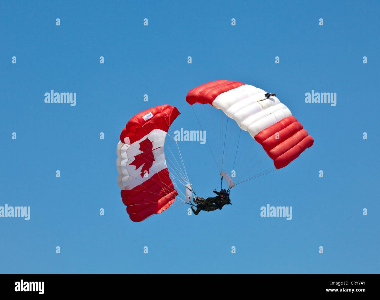 Canadian Armed Forces Parachute demonstration team performing in Camp Borden Air Show in Camp Borden;Ontario;Canada Stock Photo