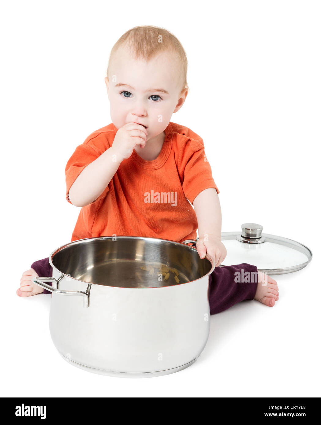 baby with big cooking pot isolated on white background Stock Photo
