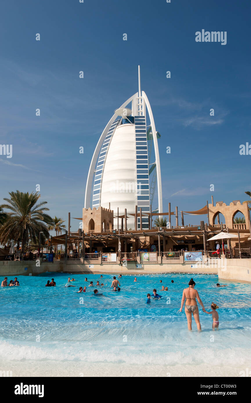 View of Burj al Arab hotel from Wild Wadi  water park in Dubai in United Arab Emirates Stock Photo
