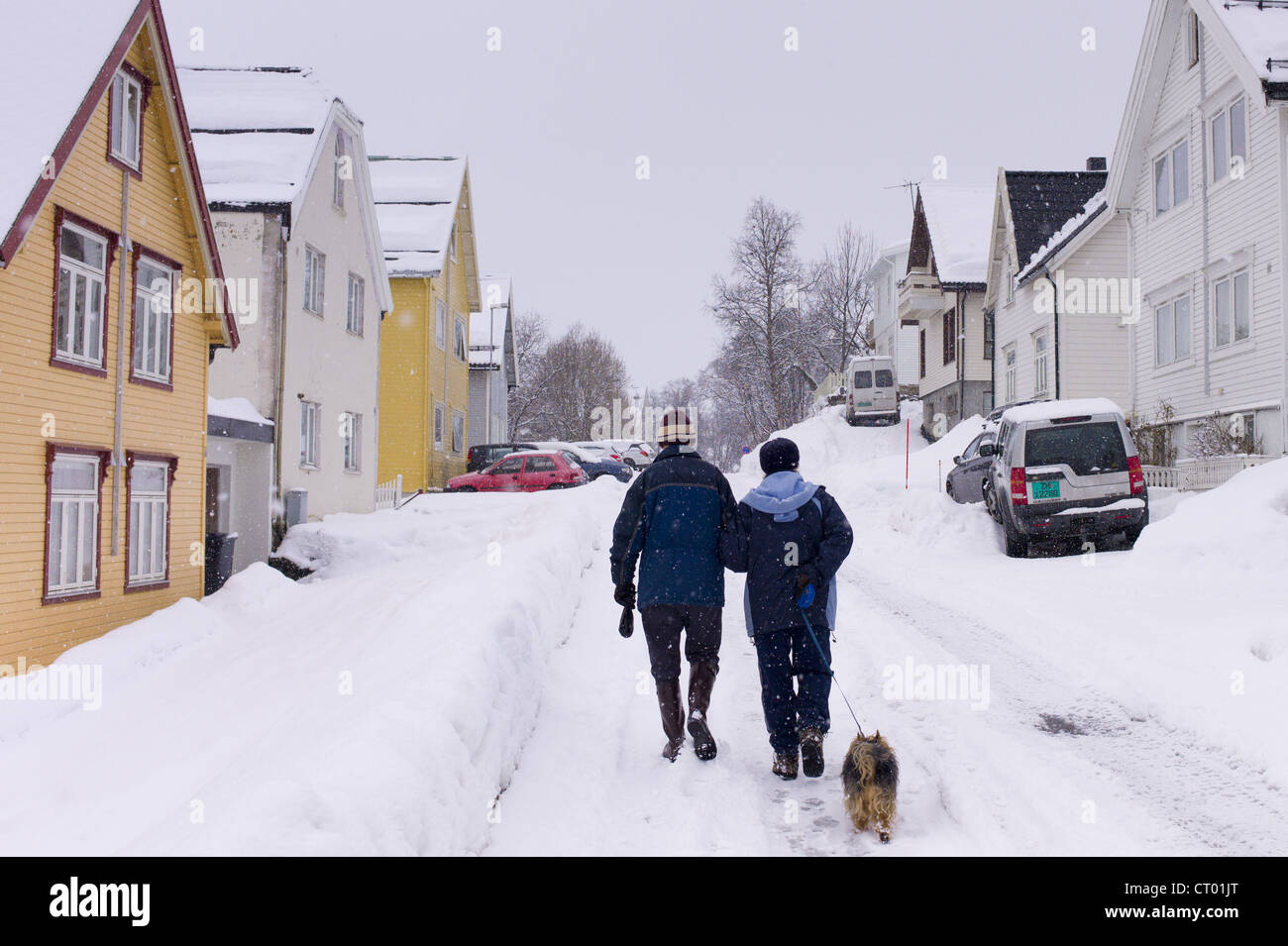 Street scene of couple walking their dog in Tromsoya, Tromso, Arctic Circle in Northern Norway Stock Photo