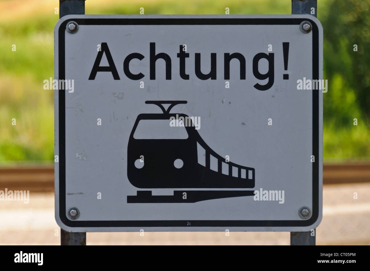 German Railroad Level Crossing Warning Sign 'Achtung' Attention Stock Photo