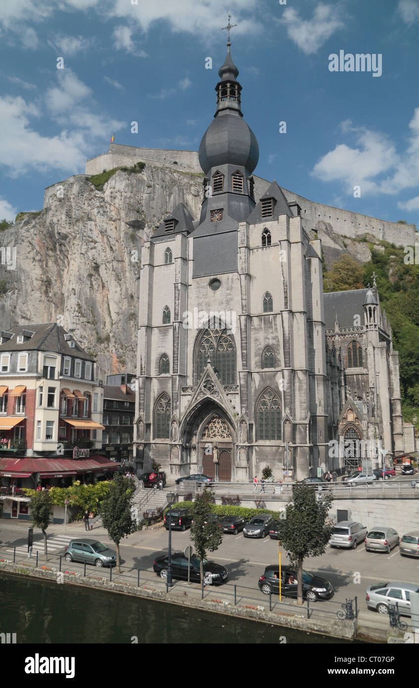 The Collegiate Church of Notre-Dame with the Citadel behind and above, Dinant, Namur, Belgium. Stock Photo
