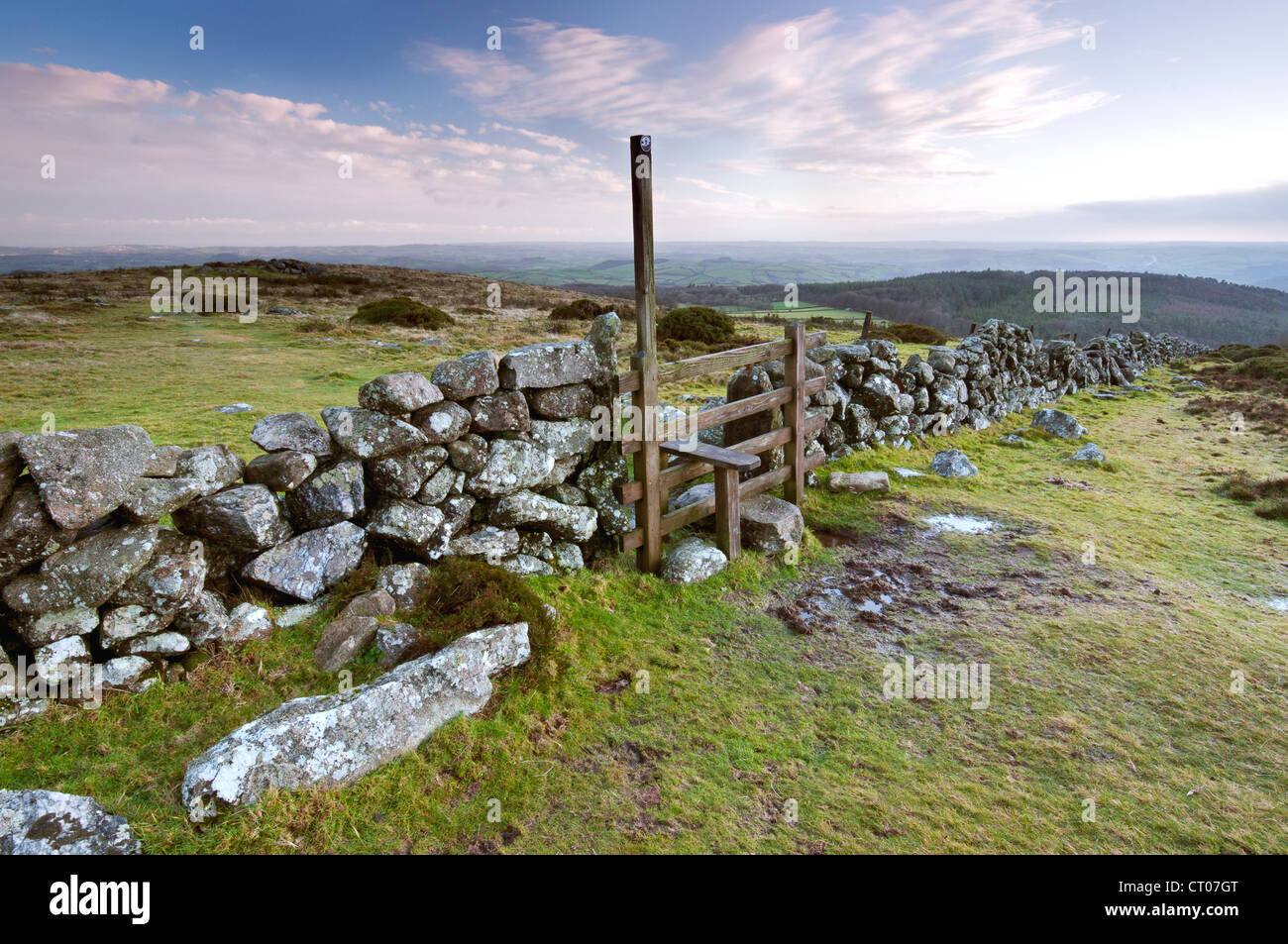 Drystone wall and stile at Buckland Beacon, Dartmoor National Park