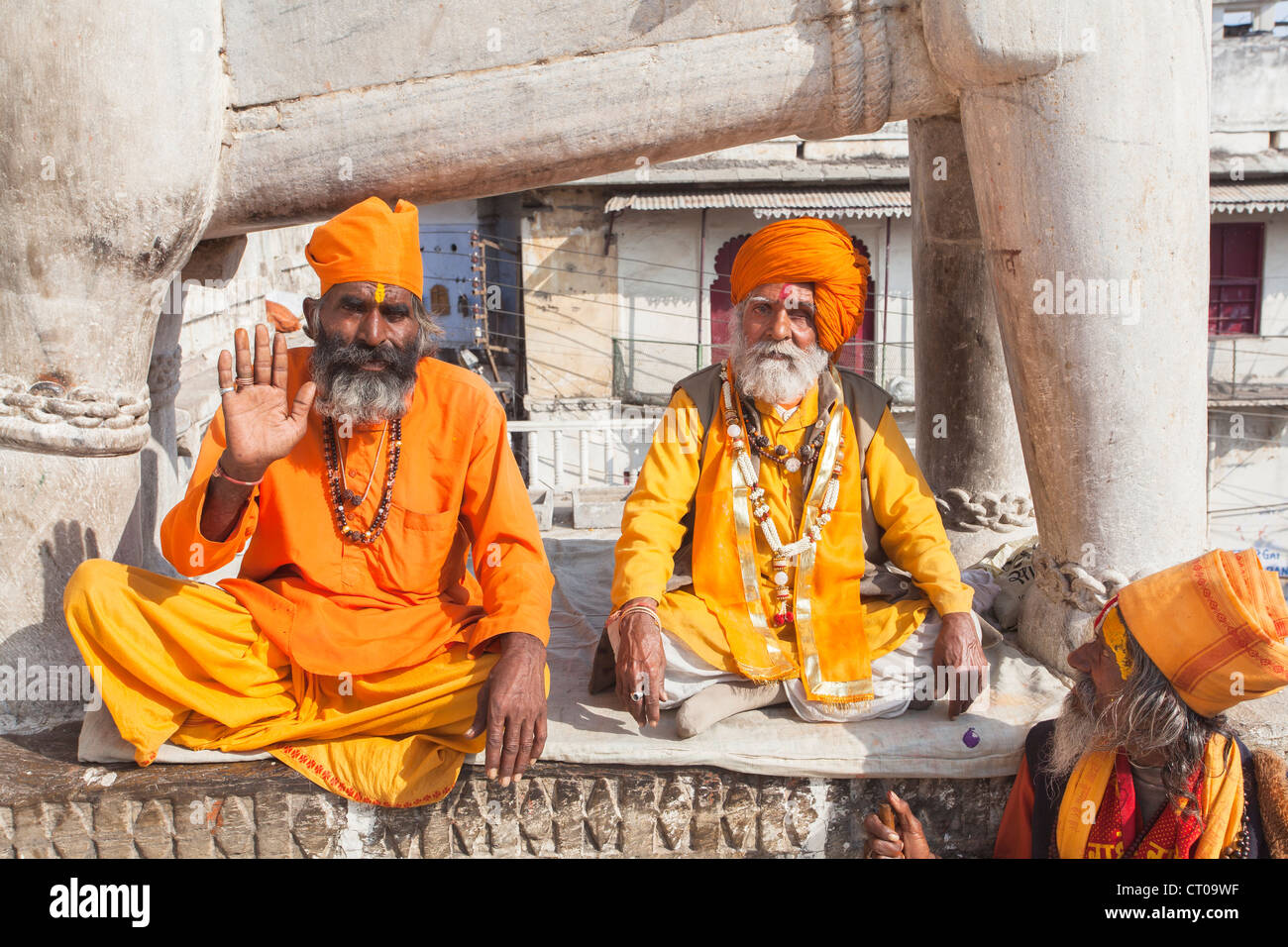 Two Sadhus, Indian Hindu holy men dressed in traditional saffron robes