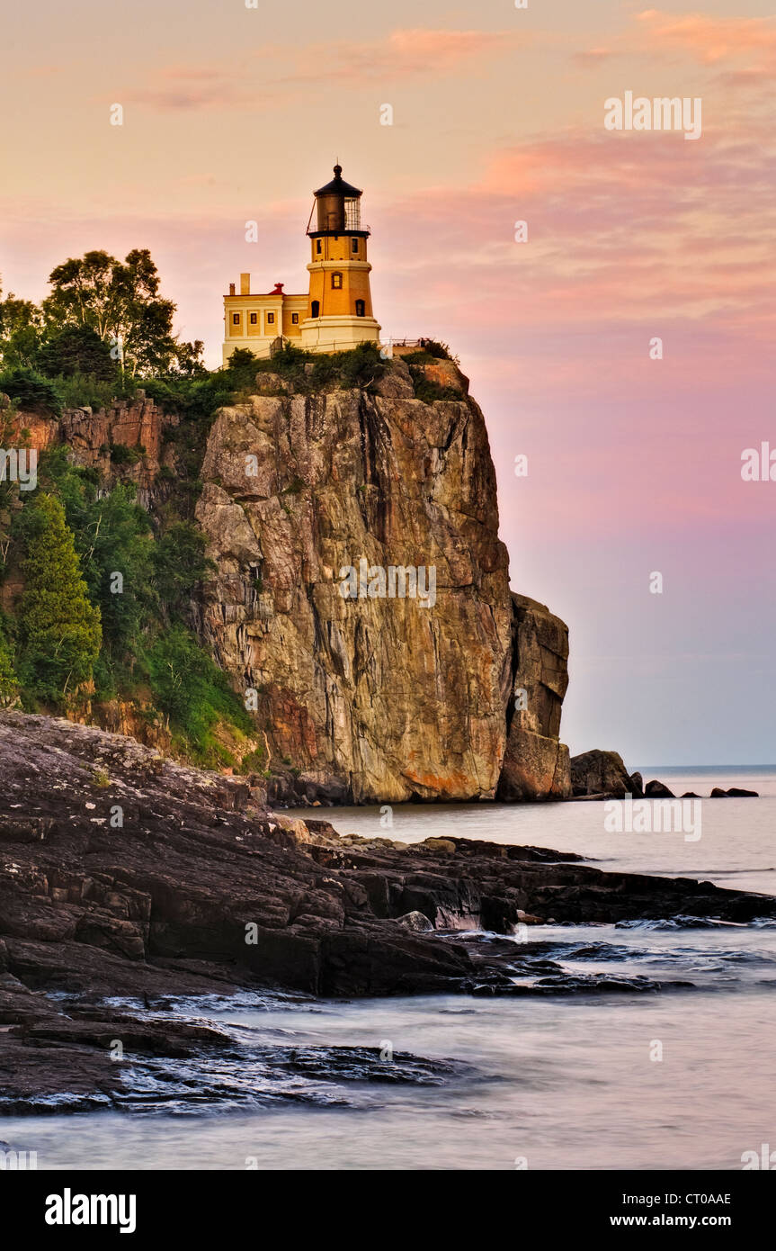 Split Rock Lighthouse on the north shore of Lake Superior at sunset. Stock Photo