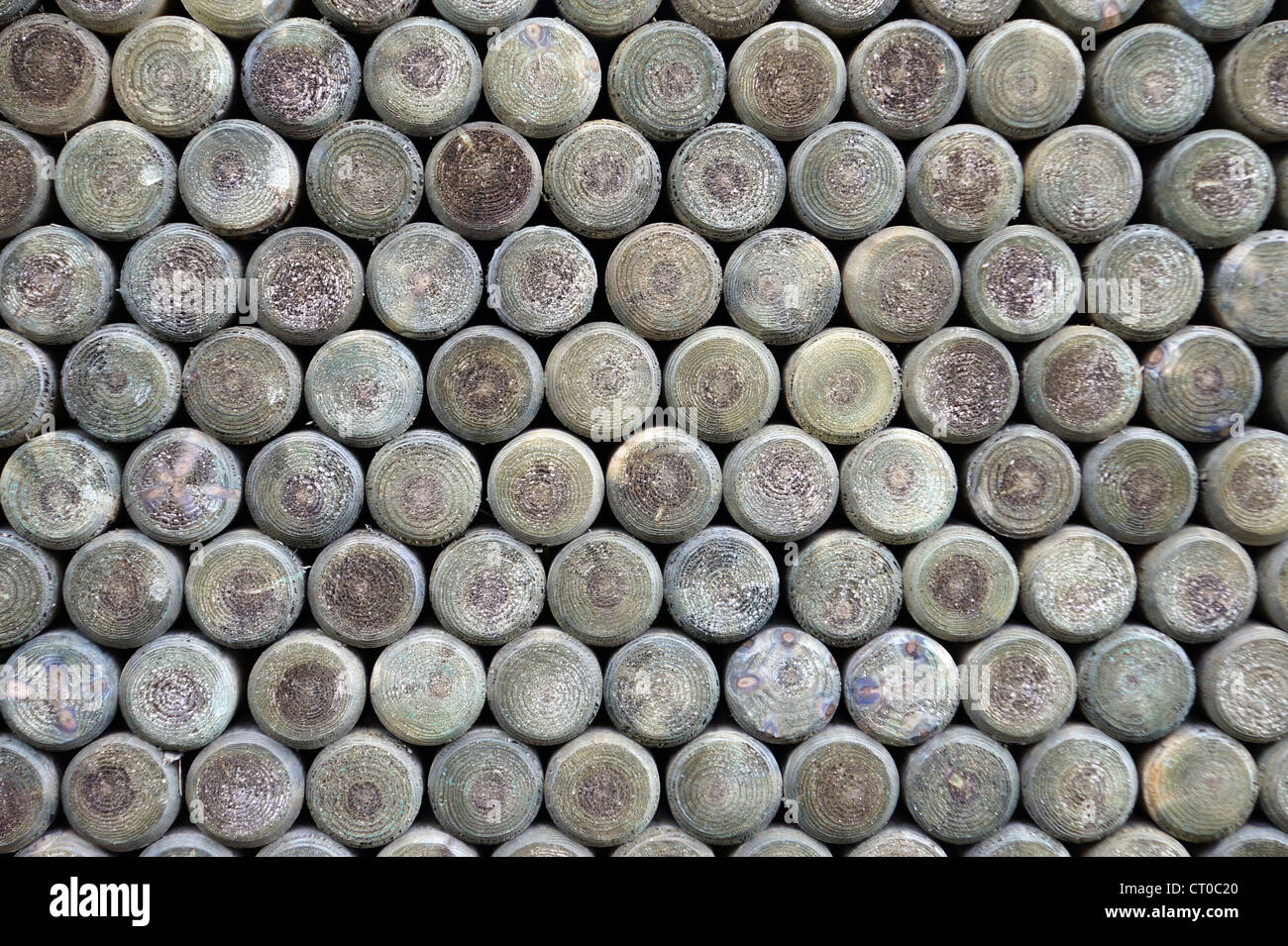 Round wood is densely laid in a stack Stock Photo