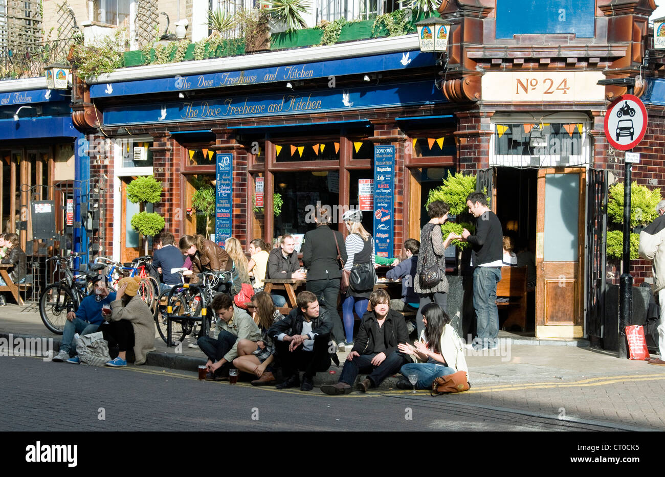 People outside The Dove Freehouse and Kitchen, Broadway Market, Hackney, London England UK Stock Photo