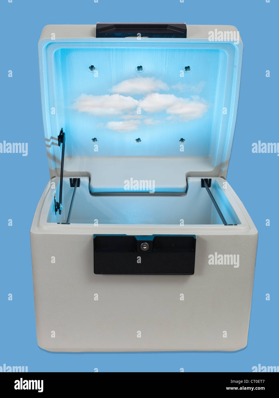 Fire proof safe open and isolated against blue as concept for cloud