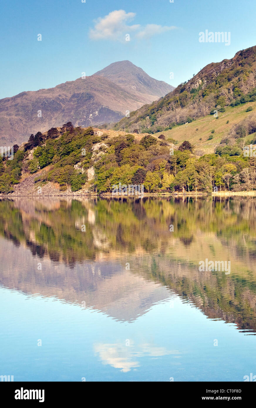 Reflections of Moel Hebog mirrored in Llyn Gwynant Lake in the Nantgwynant Valley Snowdonia National Park Gwynedd North Wales UK Stock Photo