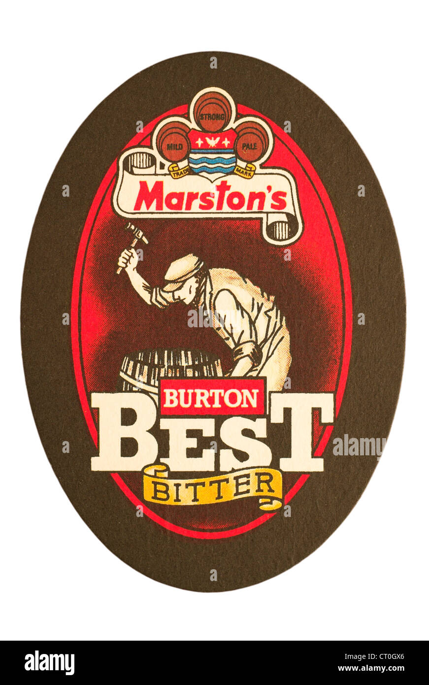 Beer Mat / drip mat - Marston's Brewery, Burton upon Trent, England featuring an advert for Burton Best Bitter. Stock Photo