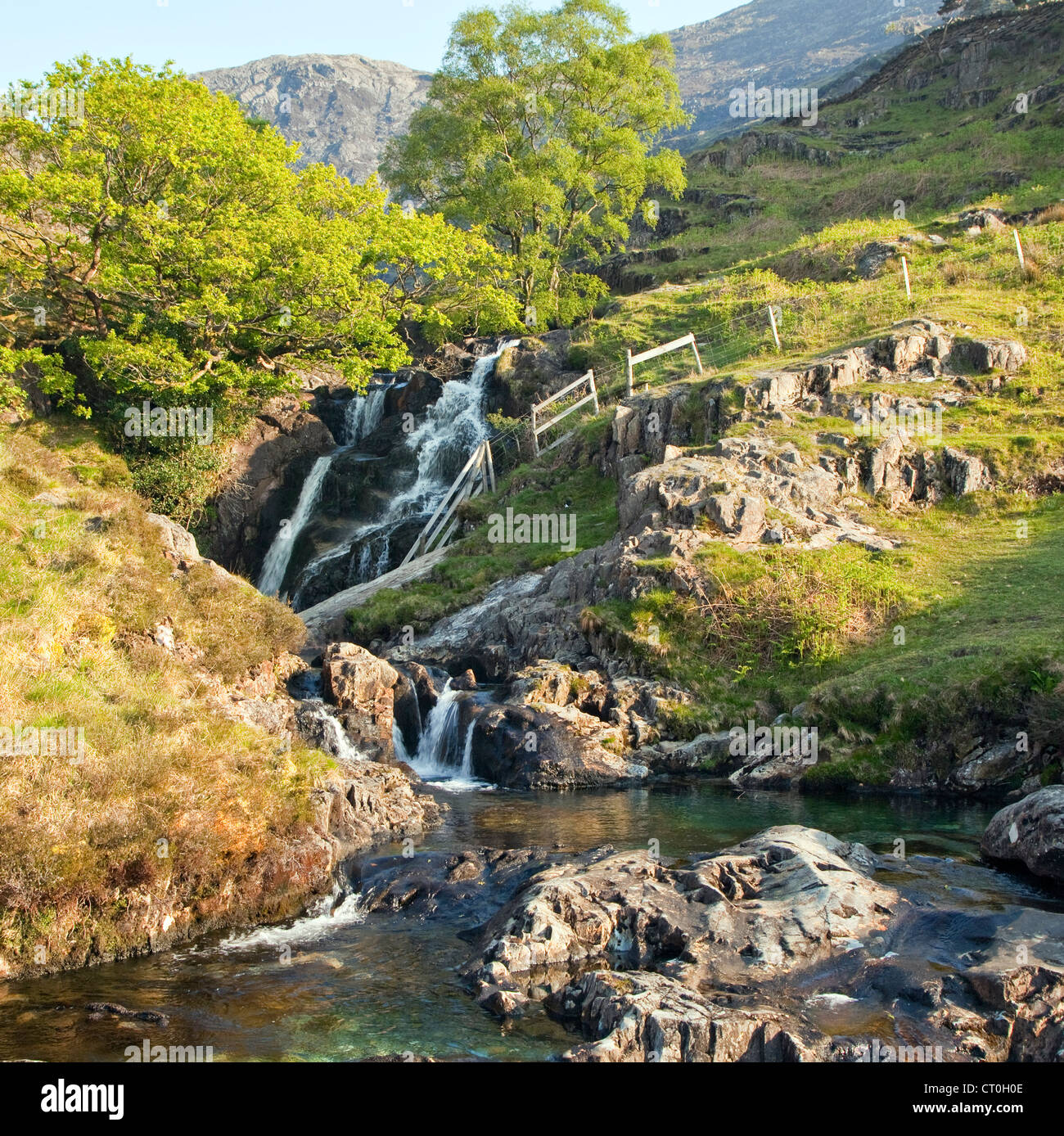 Waterfalls, Cwn y Llan, off the Watkin Path, Snowdonia National Park Gwynedd North Wales UK, Late Spring. Stock Photo