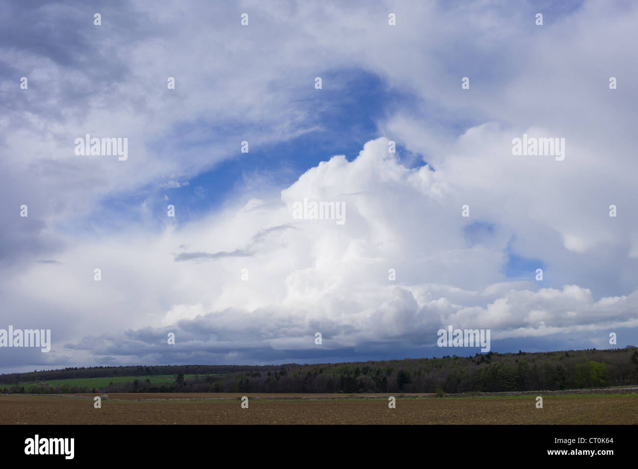 Cloud formation Cumulus, Towering Cumulus (centre) and Cumulonimbus above agricultural land at Swinbrook in the Cotswolds, UK Stock Photo