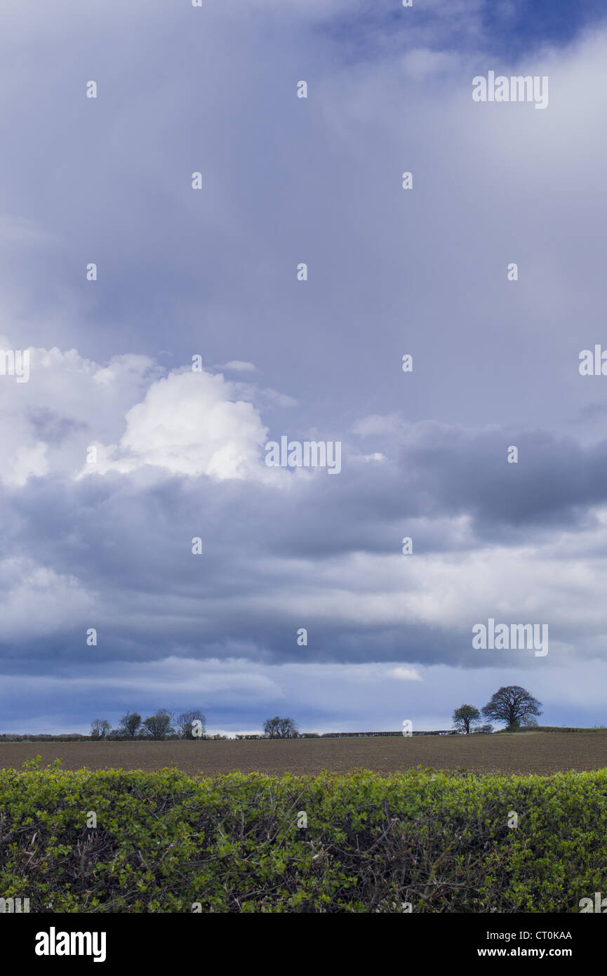 Storm clouds in cloud formation above ploughed field in springtime in Swinbrook in the Cotswolds, Oxfordshire, UK Stock Photo