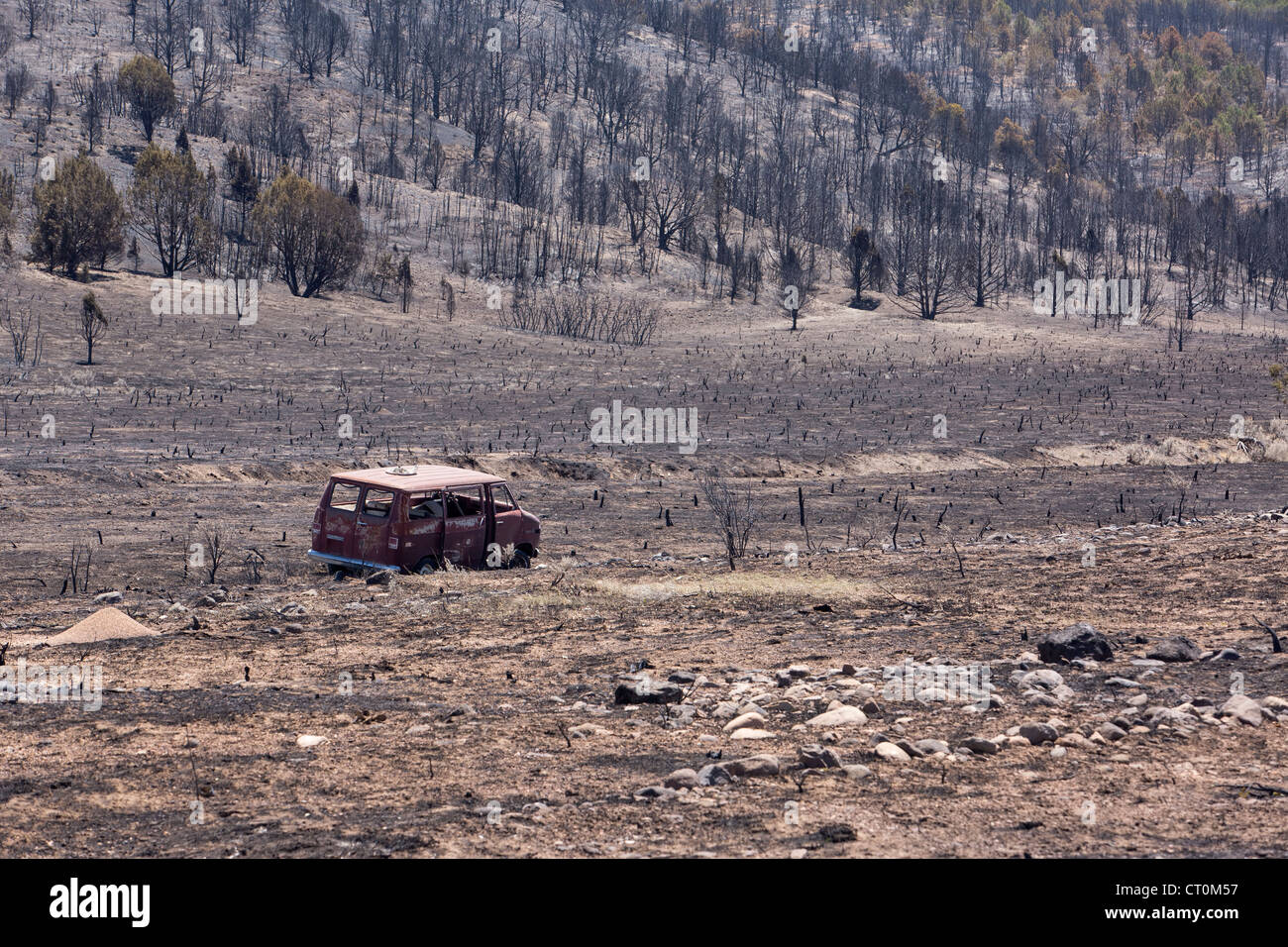 The aftermath of a wildfire which destroyed homes, cabins and buildings in a mountainous area of Utah, USA. Stock Photo