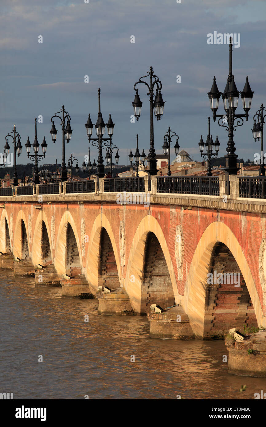 France, Aquitaine, Bordeaux, Pont de Pierre, Garonne River, Stock Photo