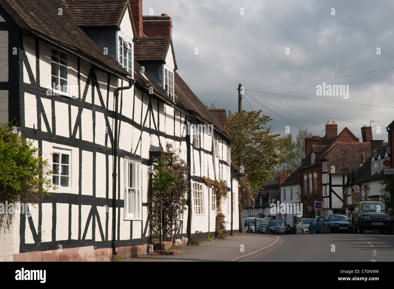 High street lined with halftimbered buildings in Chaddesley Corbett in