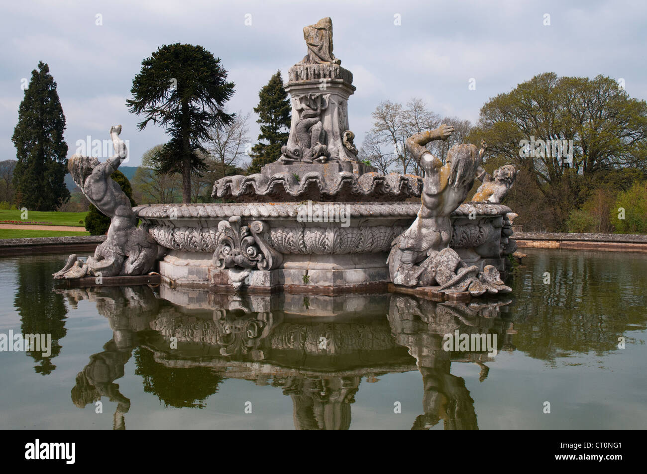 Fountain in the formal gardens of Witley Court, the remains of a once-great country house in Worcestershire, England Stock Photo