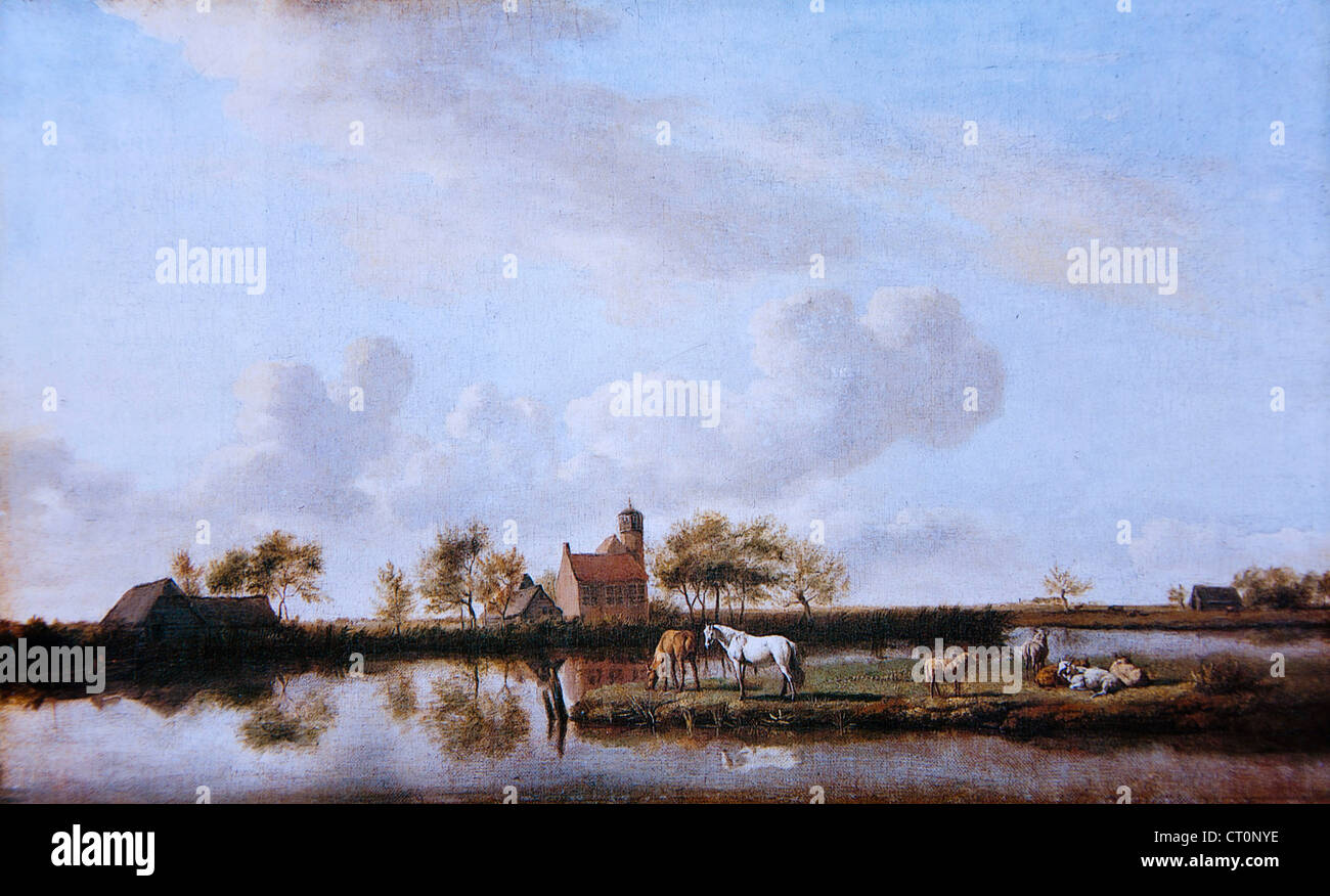 Adriaen van de Velde - River Landscape with Horses and Cows Stock Photo