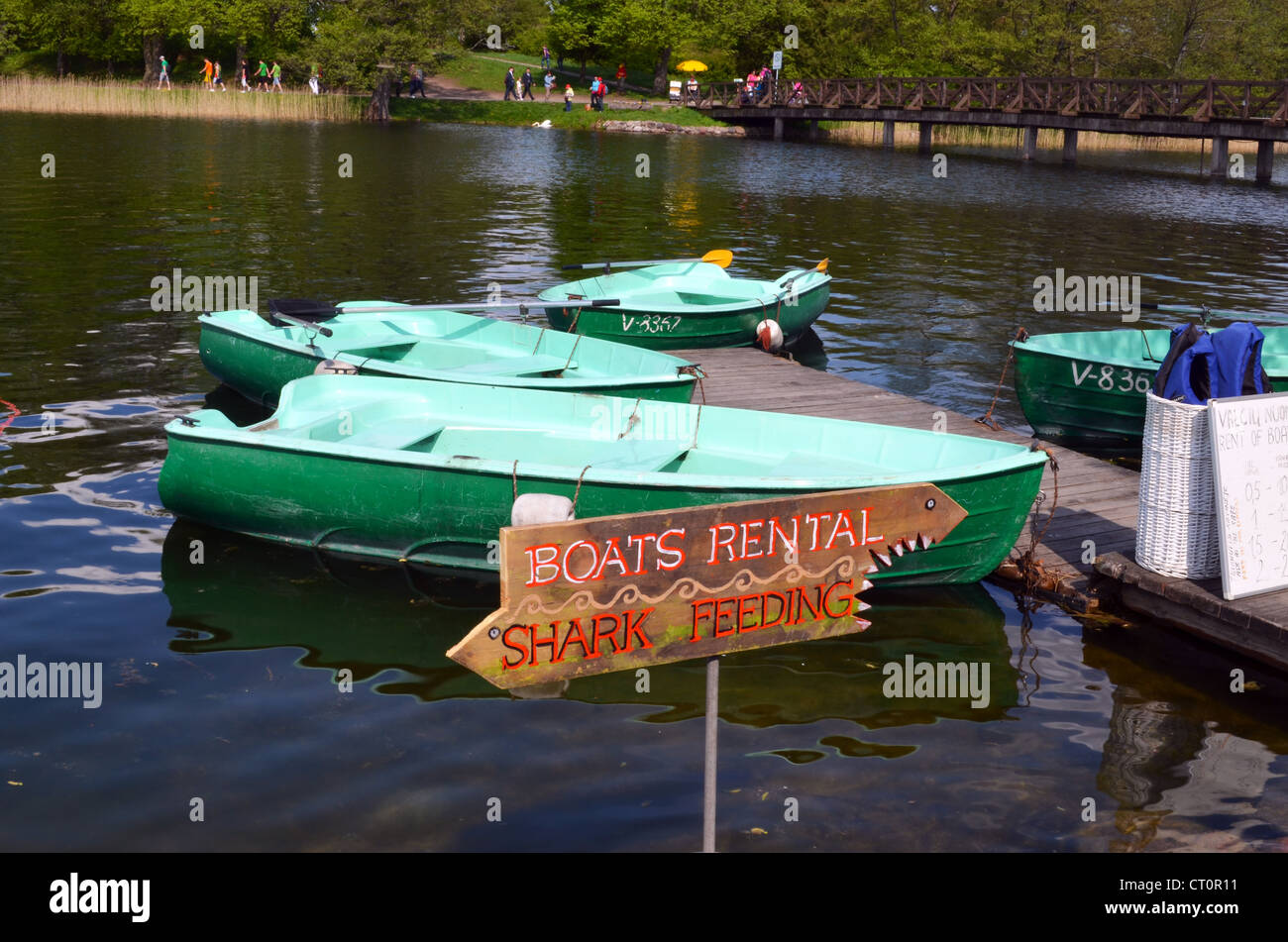 Boat rent near shore of Lake. Active outdoor recreation. Trakai, Lithuania. Stock Photo