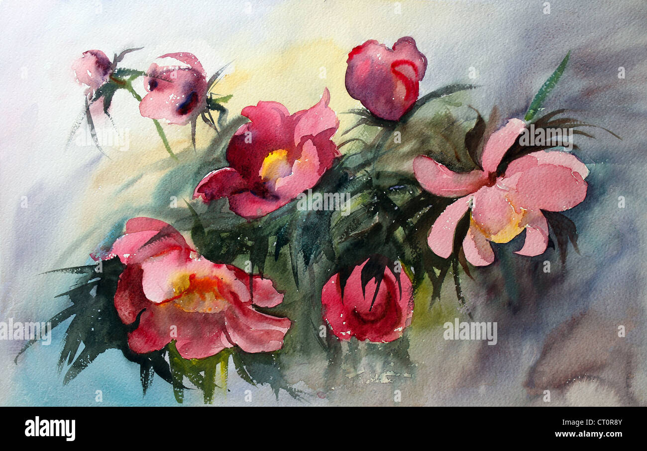 Watercolor painting of the beautiful flowers. Stock Photo