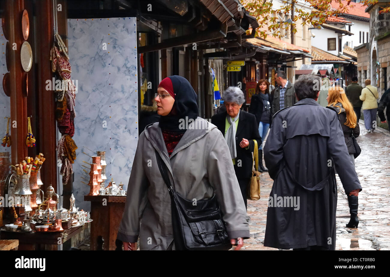 Bosnia and Herzegovina, Sarajevo :  the old bazaar in the muslim quarter of Bascarsija. More and more girls wear the hijab. Stock Photo